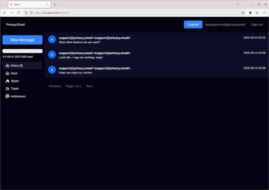 Privacy Email webmail screenshot